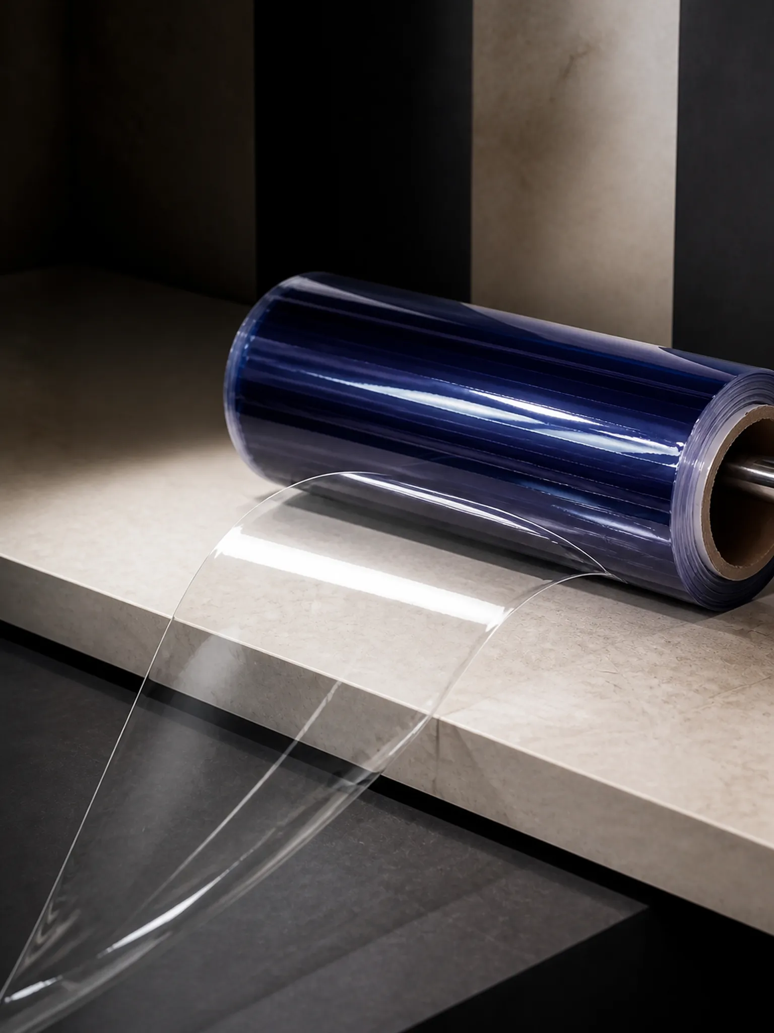 Static Cling PVC Film — Blue-tinted on the roll