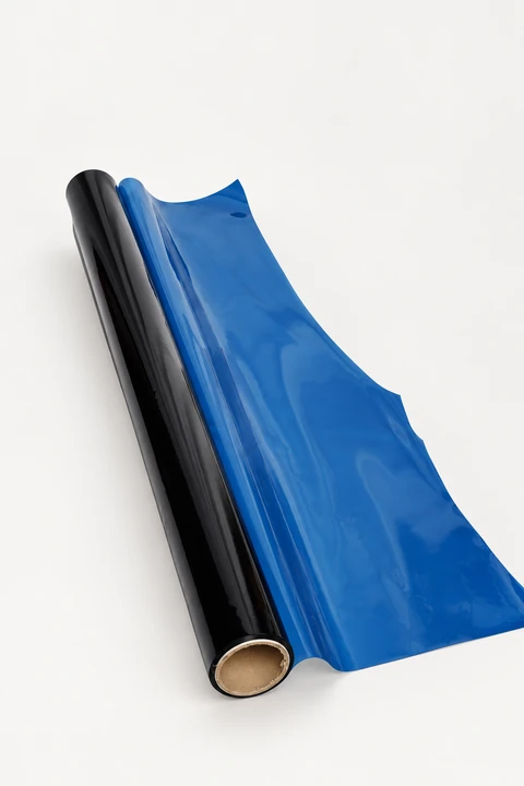 Blue transparent PVC roll with an unrolled sheet